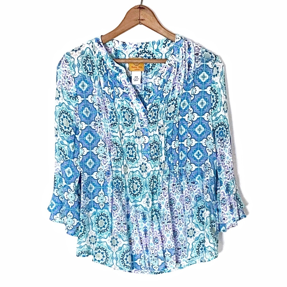 Ruby Rd Tile Patchwork Silky Gauze Ruffled Henley… - image 5